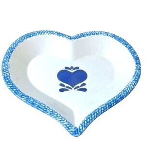 Blue Spongeware Heart Shaped Pie Dish‎ w/ Blue Heart Decor Glazed